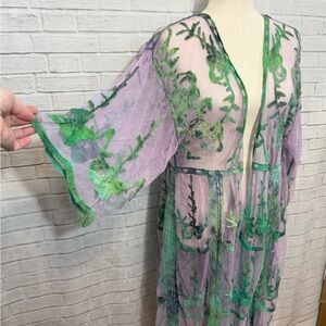 Sheer Lilac & Green Ice Dye Floral Kimono with Green Embroidery